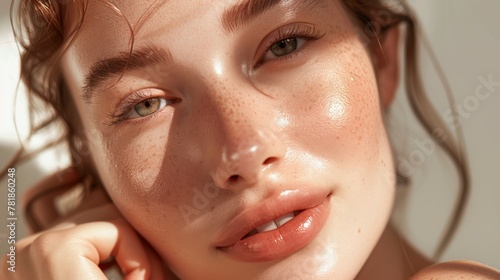 Luminous Skin Perfection  Close-Up of a Woman with Sunlit Freckles