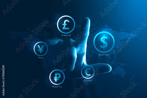 International currency global finance money business digital exchange dollar investment technology world economy market bank transfer concept financial trade banking foreign wealth growth background. © Lemonsoup14