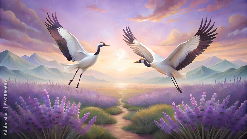 Fototapeta premium white crane flying in sky,flamingo, crane, flying, white, lavender, illustration, purple