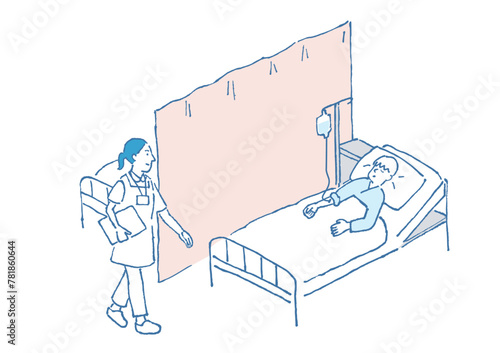 入院している男性の手描きイラスト