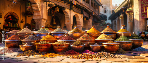 Vibrant Spice Collection, Exotic and Colorful Cooking Ingredients, Traditional Seasonings and Aromas, Cultural Cuisine and Markets