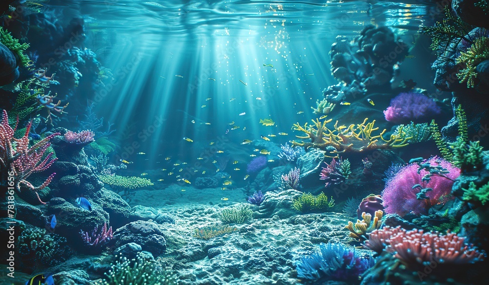 Naklejka premium Underwater paradise with vibrant coral reef and sunbeams