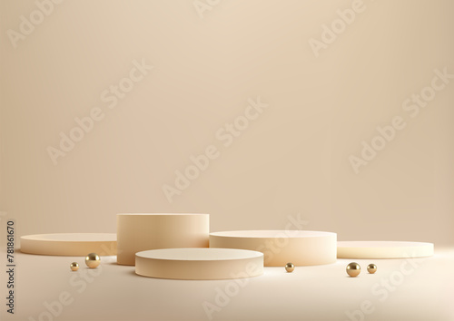 3D group of five white cylinders podiumwith gold balls on a beige background. Product display mockups, Luxury style