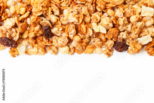 Muesli oat cereals with raisins, dried fruits and sunflower seeds border on white background. Copy space for text. Top view