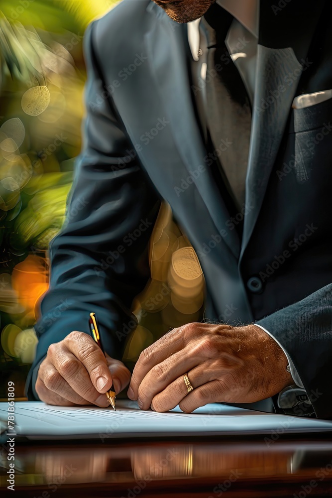 A man in a suit is signing a document with a pen