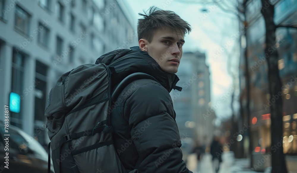 Young urban traveler exploring city streets at dusk Young urban traveler exploring city streets at dusk