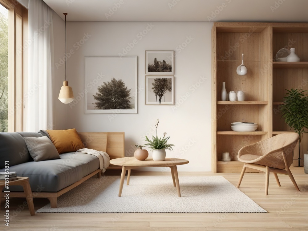 3D render of modern interior design mockup with natural wood 3D render of modern interior design mockup with natural wood