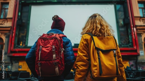 Two young women wearing backpacks stand in front of a large screen