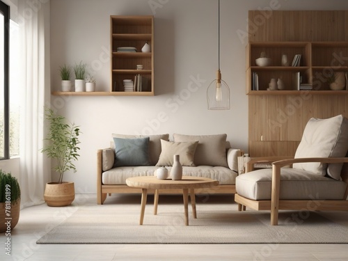 3D render of modern interior design mockup with natural wood © Interactify