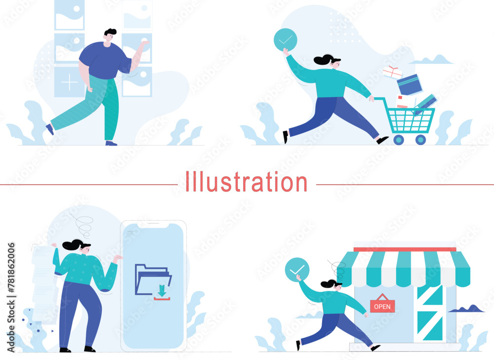 Digital Marketing illustrations. Mega set. Collection of scenes with men and women taking part in business activities. Trendy vector style Digital Marketing illustrations. Mega set. Collection of scenes with men and women taking part in business activities. Trendy vector style