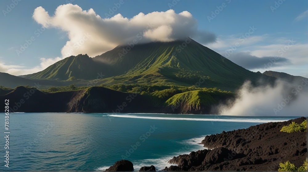 Fototapeta premium volcanic island with sea around ai generated