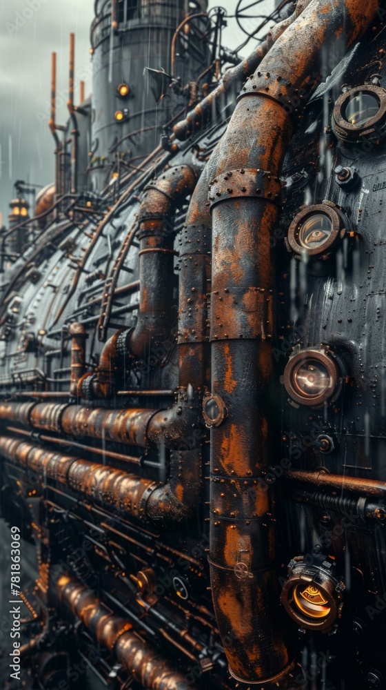 Steampunk Airship, Industrial Pipes, Enigmatic Aura, Dystopian Setting, Photography, Overcast, Chromatic Aberration
