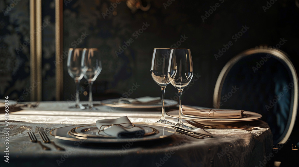 An exquisite table with wine glasses and silverware on a dark background. AI. - obrazy, fototapety, plakaty 