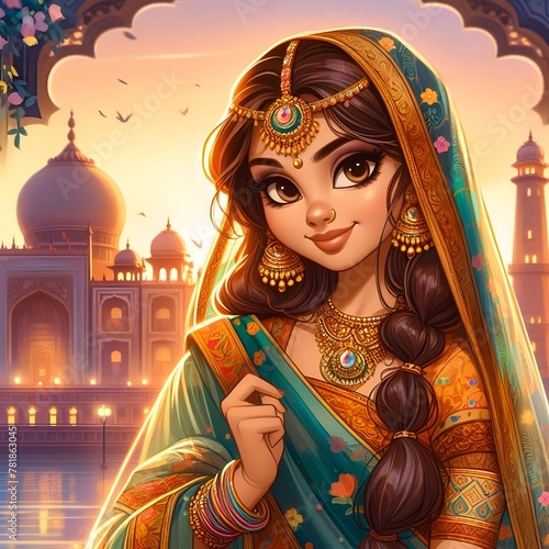 Beautiful young girl wearing traditional indian clothes. Ai generated. 