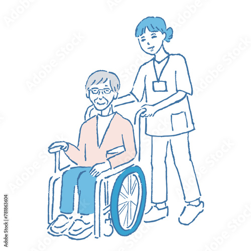 車椅子の高齢女性の手描きイラスト