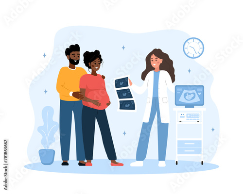 Ultrasound pregnancy screening concept. Female doctor gives results of ultrasound examination. African family expecting for baby. Future parents in clinic. Vector illustration in flat cartoon style.