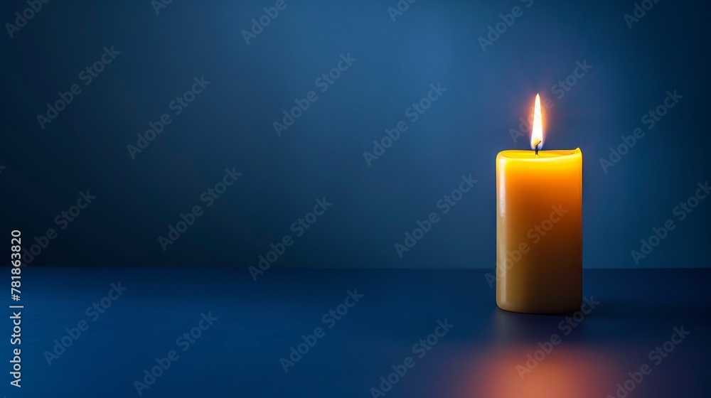 Burning yellow Candle on Midnight Blue Background with Space for Text, text overlay, copy space Burning yellow Candle on Midnight Blue Background with Space for Text, text overlay, copy space