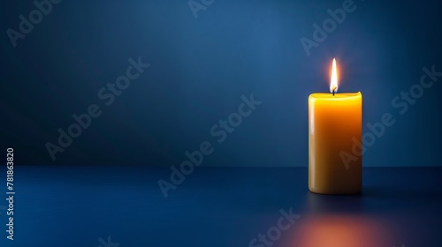 Burning yellow Candle on Midnight Blue Background with Space for Text, text overlay, copy space
