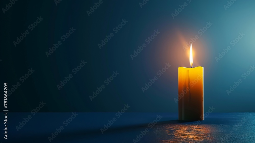 Burning Candle on Midnight Blue Background with Space for Text, text ...