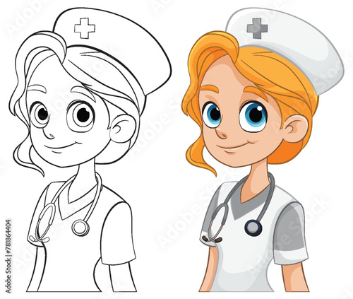 Colorful and line art nurse character drawings