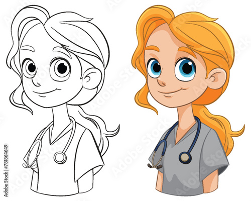 Colorful and line art illustrations of a female doctor