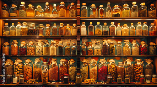 Vintage Store Shelf Display of Colorful Spice Jars and Bottles, Traditional Cooking Ingredients in an Old-Fashioned Apothecary Setting