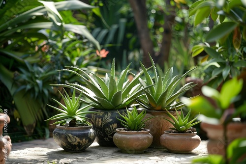 Serene Aloe Vera Garden There are plants arranged in clusters in pots.