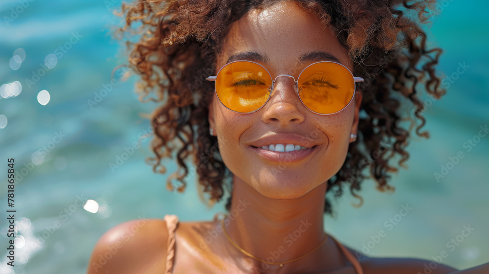Happy young black woman relaxing on deck chair at beach wearing spectacles. Smiling african american girl with sunglasses enjoy vacation. Carefree happy young woman sunbathing at sea with copy space.