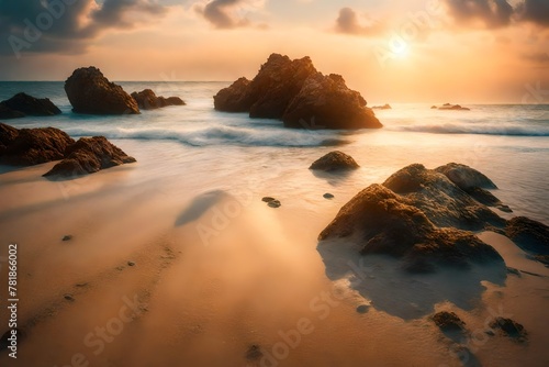 A picturesque sandy shore along the coastline  the sunlight casting soft shadows on the textured surface  the