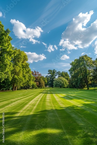 Fototapeta Naklejka Na Ścianę i Meble -  Vibrant green park with neatly trimmed lawn on a sunny day with a clear blue sky