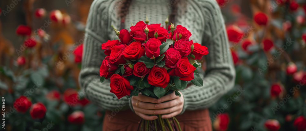 Obraz premium Woman in a cable-knit sweater holding a large bouquet of red roses. Generative AI