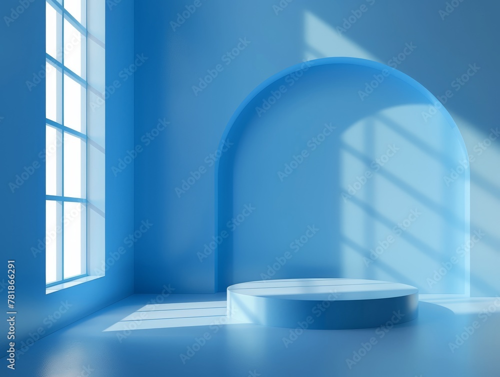 A blue 3D-rendered room interior with soft light streaming through the window, casting shadows, featuring a round podium for product display A blue 3D-rendered room interior with soft light streaming through the window, casting shadows, featuring a round podium for product display