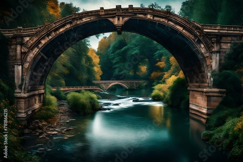 A panoramic shot of an arched bridge gracefully connecting riverbanks, the vibrant surroundings and architectural details presented in stunning