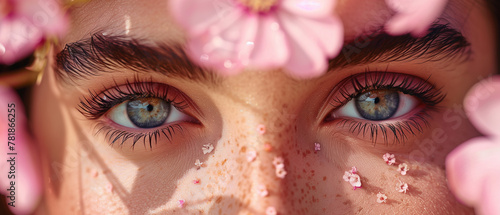 Close-up of a woman eyes with freckles and delicate cherry blossoms. Generative AI