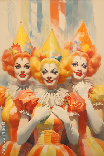 3 happy female clowns  orange and yellow vintage circus painting in big top © Ricky