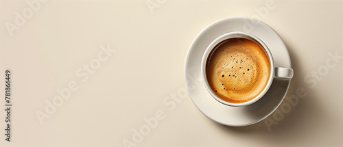 Steaming coffee cup with latte art on a saucer over a beige textured surface with warm sunlight. Generative AI