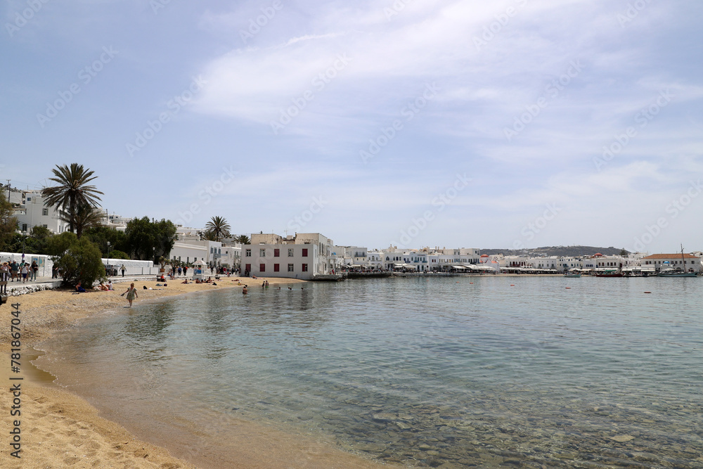 Beach promenade of the Greek island of Mykonos Cyclades Greece