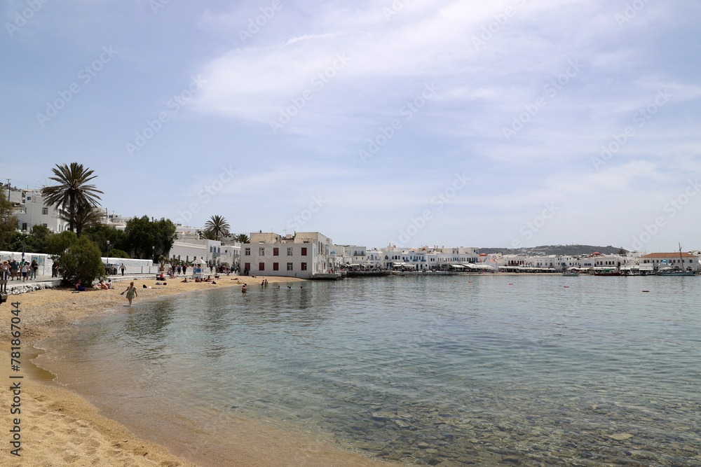 Beach promenade of the Greek island of Mykonos Cyclades Greece Beach promenade of the Greek island of Mykonos Cyclades Greece