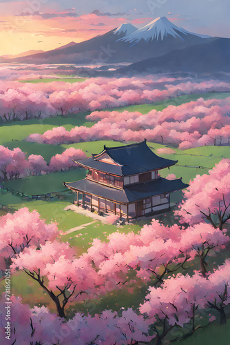 Japanese style house with cherry blossoms.