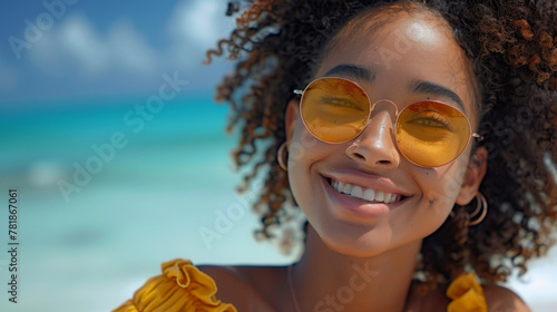 Happy young black woman relaxing on deck chair at beach wearing spectacles. Smiling african american girl with sunglasses enjoy vacation. Carefree happy young woman sunbathing at sea with copy space.