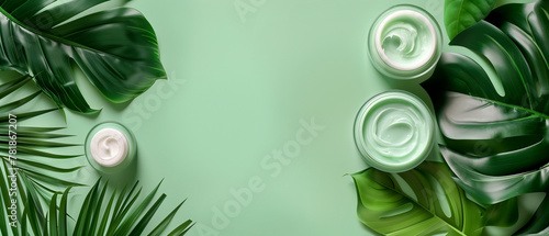 Top view of natural skin care products surrounded by lush green tropical leaves on a light green background. Copy space.  Generative AI photo