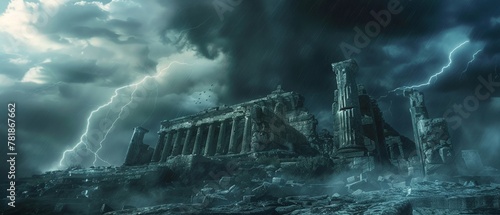 Ruins against stormy backdrop, closeup, dramatic lighting, fallen empire essence