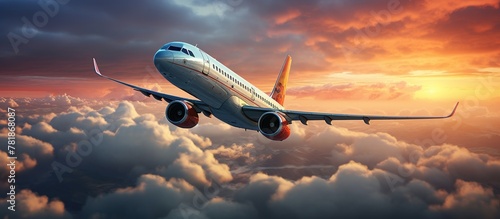 An airplane flying above the dramatic clouds at sunset. Transportation flight background, for templates and banners.