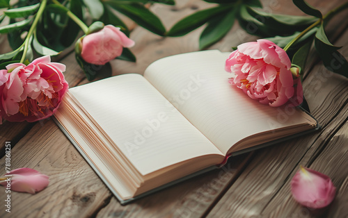 Pink peonies laying next to an open vintage notebook with copy space. 