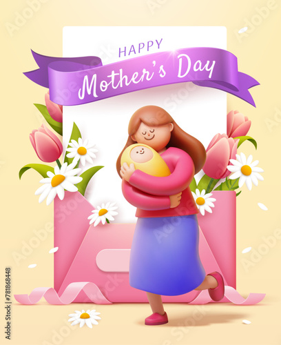 3D Mothers Day Poster. Mother holding a baby on light yellow background with floral letter.