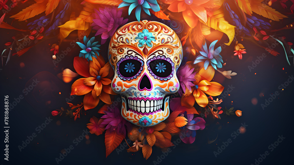 Beautiful background Vintagestyle sugar skull adorned with flowers realistic multilayering,A skull with flowers around it