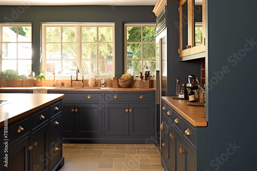 Dark blue country kitchen design, interior decor and house improvement, classic English in frame kitchen cabinets, countertop and applience house, elegant cottage style, generative ai photo