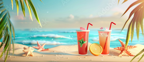 Summer beach 3D vector illustration, refreshing drink stand under palms,