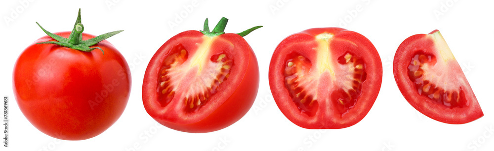 Fresh red tomatoes, half and piece tomato isolated, transparent PNG, PNG format, juicy Fresh red tomatoes, half and piece tomato isolated, transparent PNG, PNG format, juicy