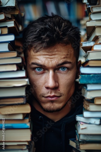 A young man with intense blue eyes is surrounded by towering stacks of books, suggesting a quest for knowledge or overwhelming study